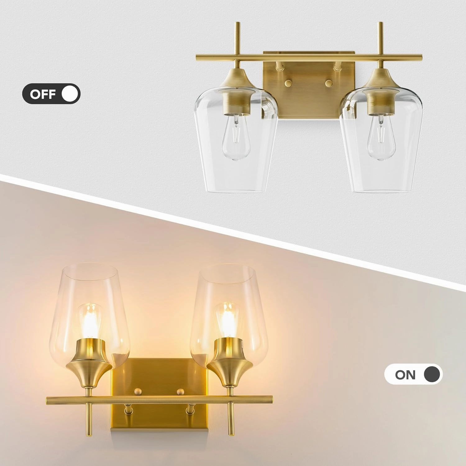 VONLUCE Bathroom Vanity Light, 2-Light Bathroom Light Fixture Over Mirror, Vanity Light Fixtures with Clear Glass, Modern Wall Sconce for Bathroom Bedroom Hallway Kitchen, Brushed Gold