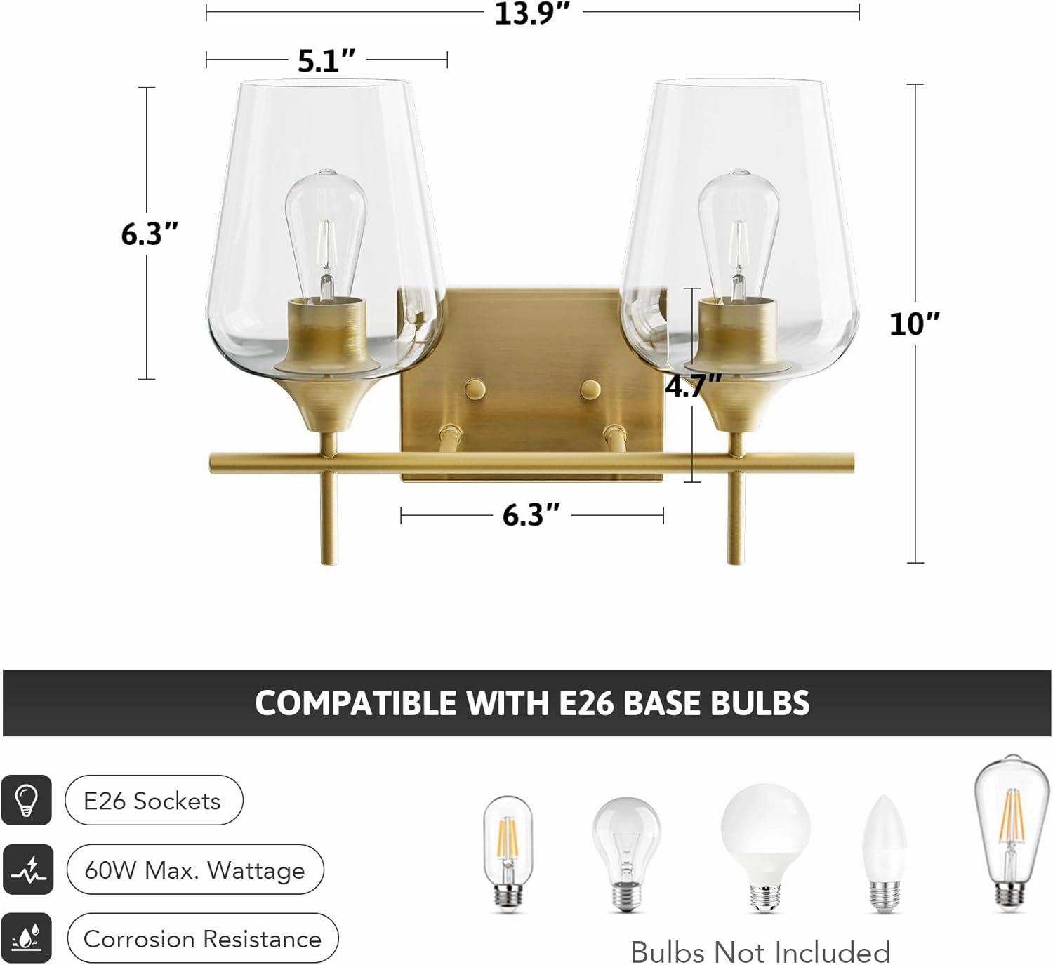 VONLUCE Bathroom Vanity Light, 2-Light Bathroom Light Fixture Over Mirror, Vanity Light Fixtures with Clear Glass, Modern Wall Sconce for Bathroom Bedroom Hallway Kitchen, Brushed Gold