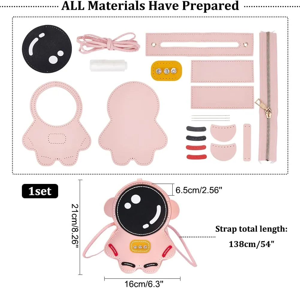 WADORN DIY Crossbody Bag Sewing Kit, PU Leather Astronaut Shaped Shoulder Bag Making Set Sewing Craft Kit for Backpack DIY Handmade Handbag Making Kits for Personalized Gifts, 9.8x6.2x2.3 Inch, Pink