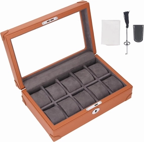 Watch Box, 10 Slot Watch Case with Large Leather Glass Lid, Watch Box Organizer for Men Women, Gifts for Loved Ones (Brown)