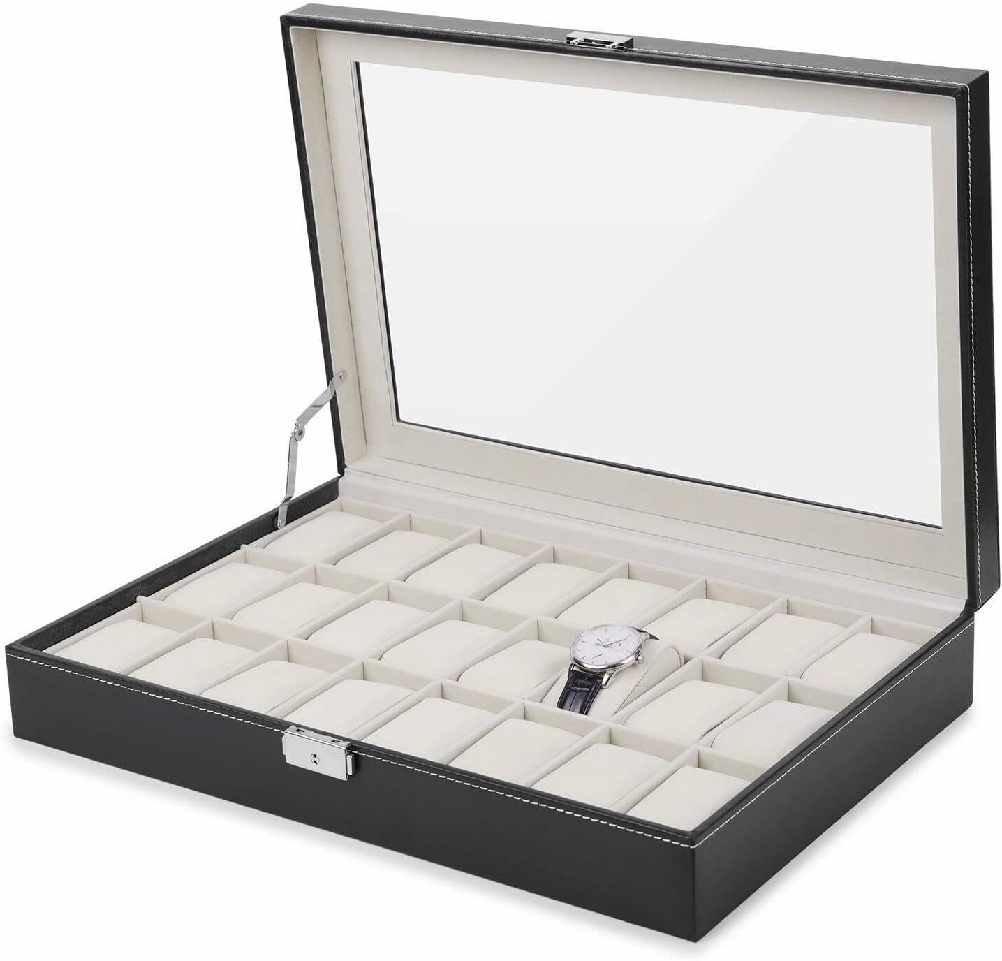 Watch Box Organizer for Men – 24 Slot Lockable Display Case with Acrylic Lid, Faux Leather Jewelry Storage(Gold-1)