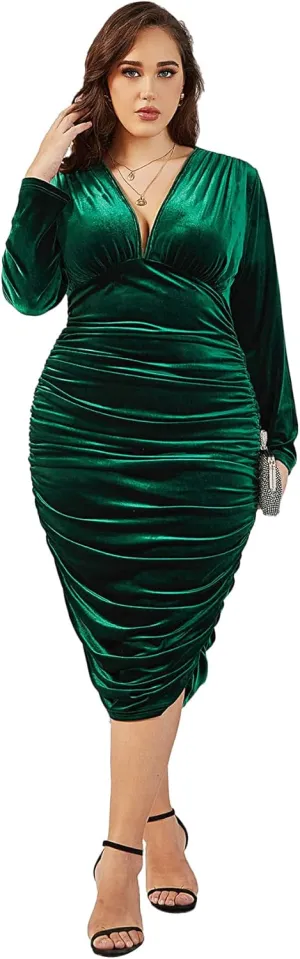WDIRARA Women's Plus Size Ruched Deep V Neck Midi Dress Long Sleeve Velvet Bodycon Dresses