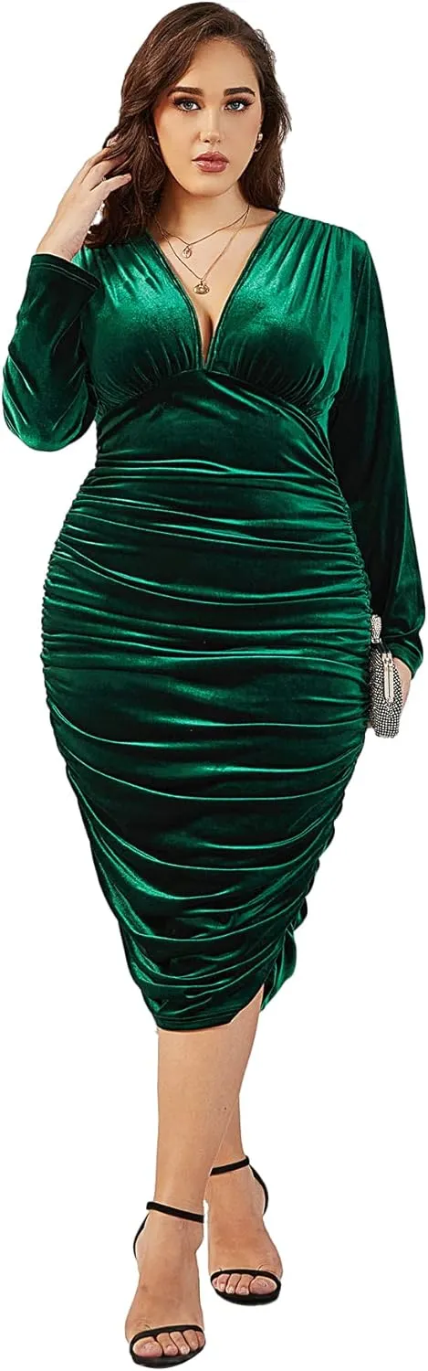 WDIRARA Women's Plus Size Ruched Deep V Neck Midi Dress Long Sleeve Velvet Bodycon Dresses