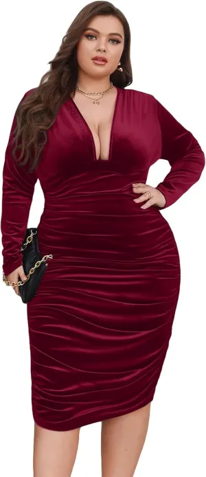 WDIRARA Women's Plus Size Ruched Deep V Neck Midi Dress Long Sleeve Velvet Bodycon Dresses