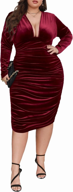 WDIRARA Women's Plus Size Ruched Deep V Neck Midi Dress Long Sleeve Velvet Bodycon Dresses