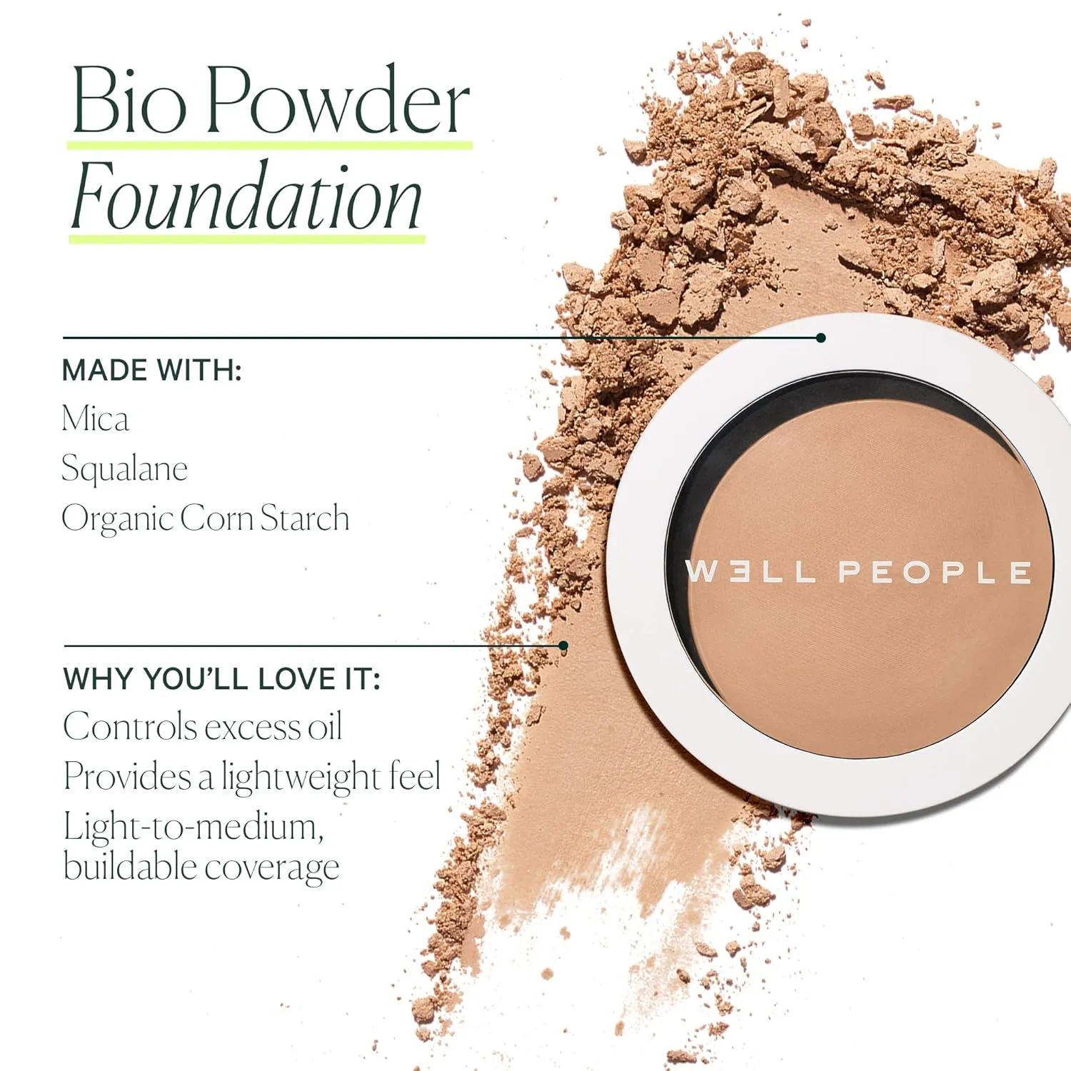 Well People Bio Powder Foundation, Lightweight & Hydrating Foundation For Perfecting & Smoothing Skin, Semi-Matte Finish, Vegan & Cruelty-free, 6N