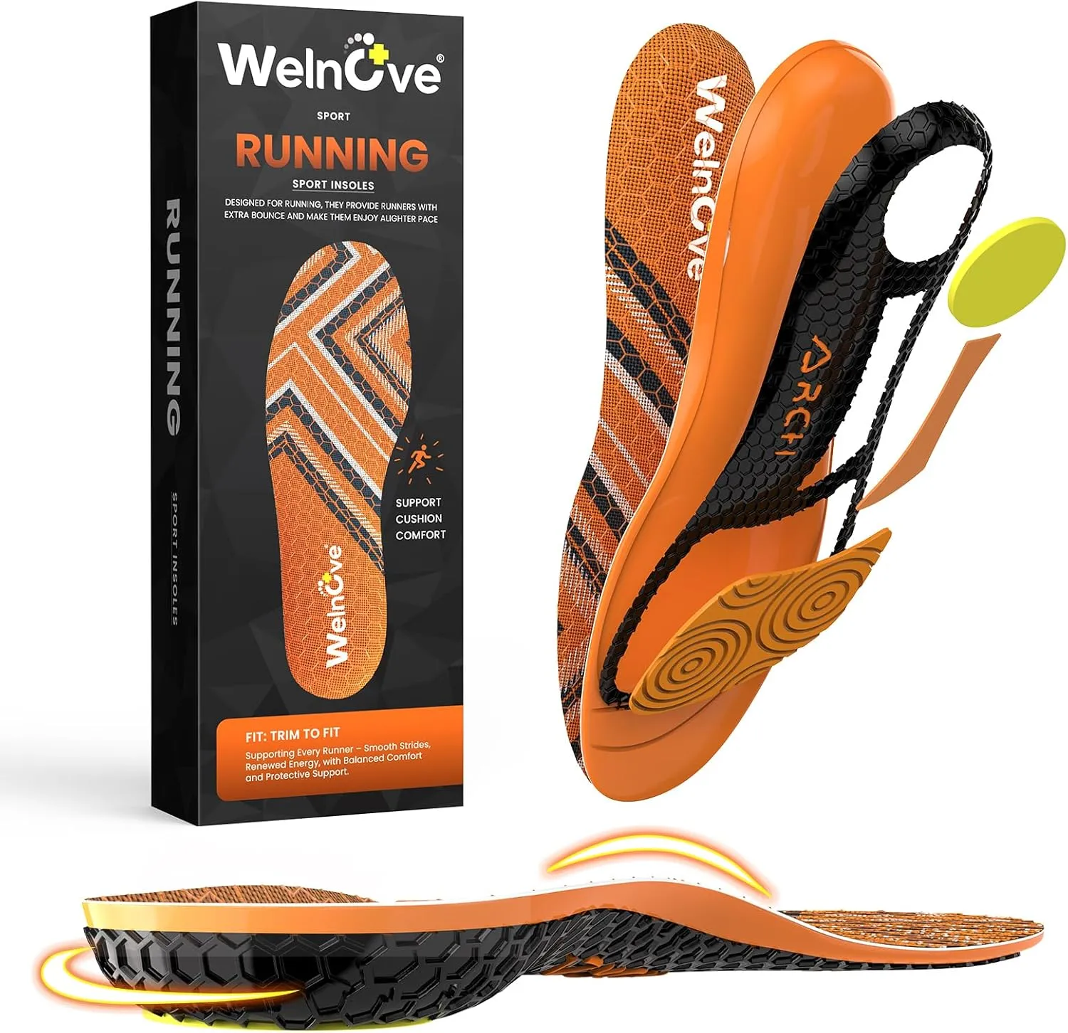 Welnove Orange Sports Shoe Insoles with Gel Forefoot & Poron Heel Cushion, High Rebound PU Foam, Velvet Surface & Anti-Slip Hexagon Pattern for Running, Jumping, Athletic Support -M