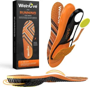 Welnove Orange Sports Shoe Insoles with Gel Forefoot & Poron Heel Cushion, High Rebound PU Foam, Velvet Surface & Anti-Slip Hexagon Pattern for Running, Jumping, Athletic Support -M