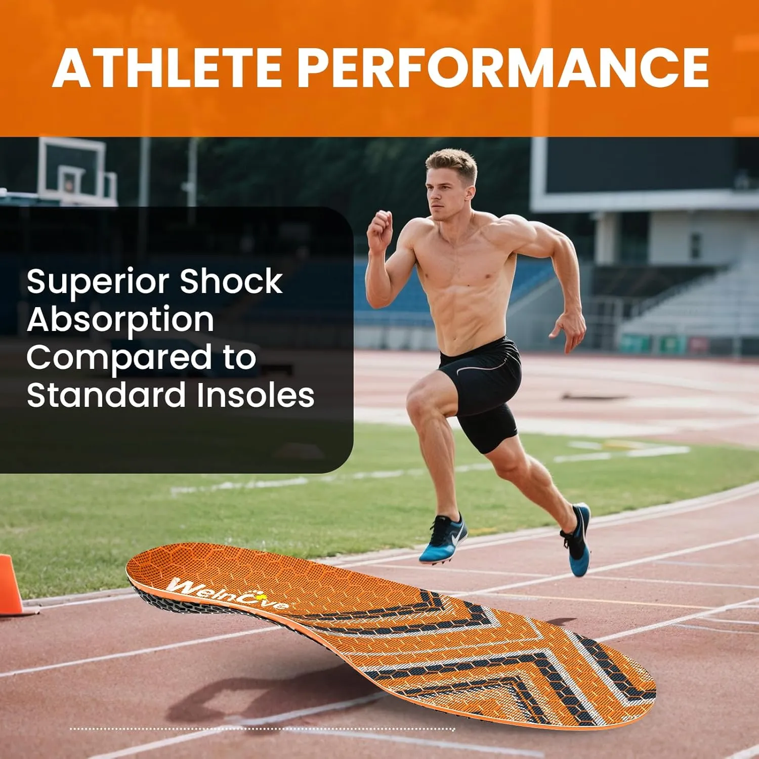 Welnove Orange Sports Shoe Insoles with Gel Forefoot & Poron Heel Cushion, High Rebound PU Foam, Velvet Surface & Anti-Slip Hexagon Pattern for Running, Jumping, Athletic Support -XL