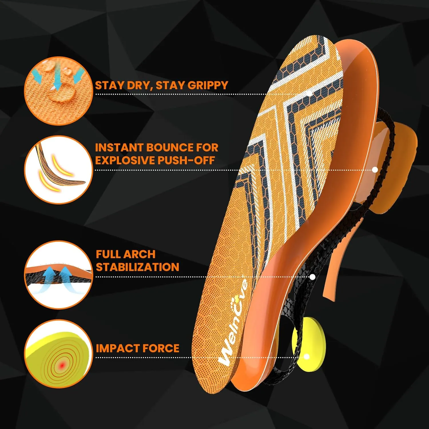 Welnove Orange Sports Shoe Insoles with Gel Forefoot & Poron Heel Cushion, High Rebound PU Foam, Velvet Surface & Anti-Slip Hexagon Pattern for Running, Jumping, Athletic Support -XL