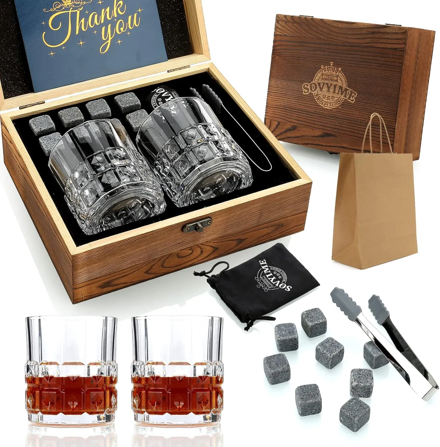 Whiskey Gifts for Men, Whiskey Glasses Set of 2, Granite Chilling Whiskey Stones, Bourbon Gifts for Men, Unique Gifts for Men Birthday Christmas Father's Day Valentine Retirement Groomsmen