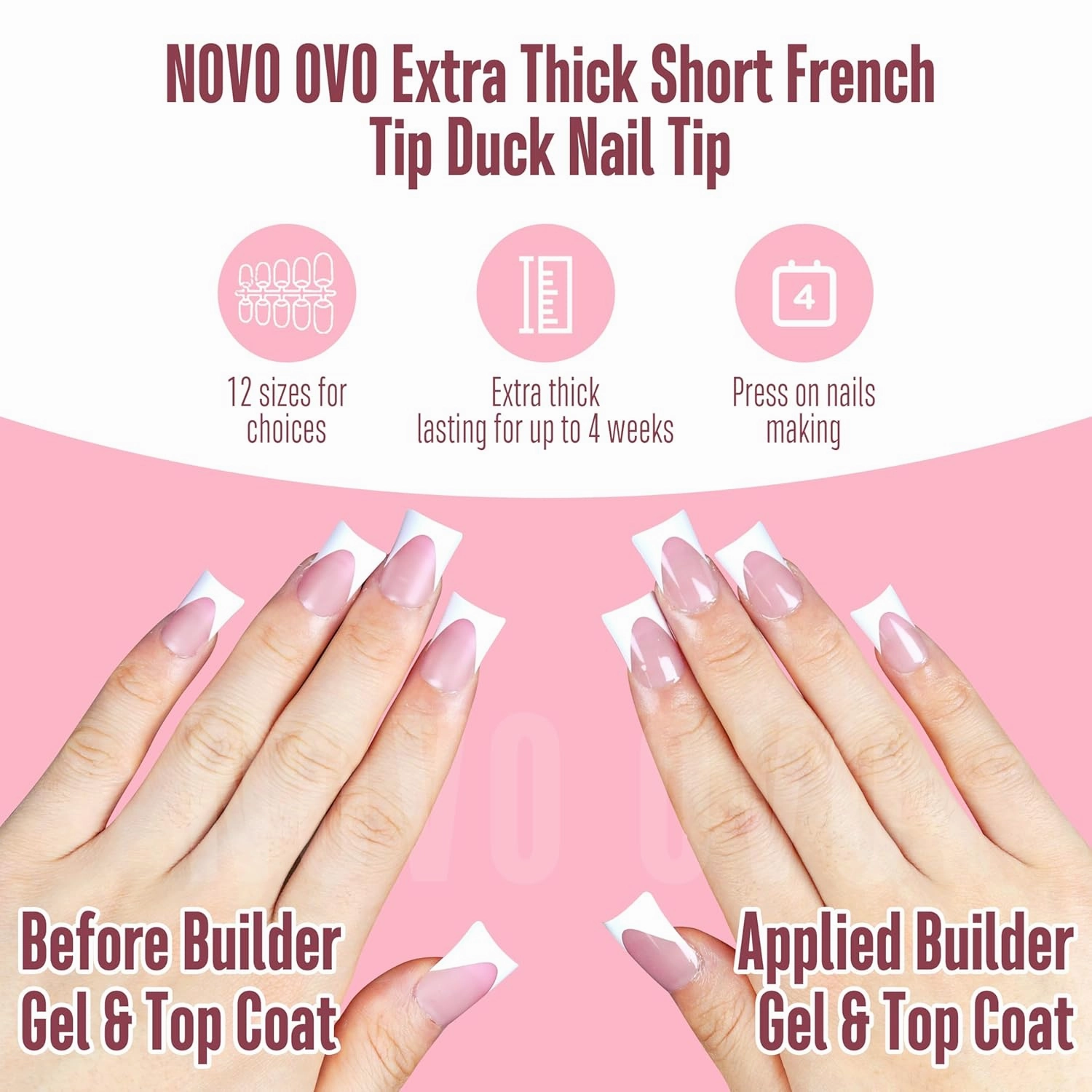 White French Tip Short Duck Nail Tips Press on, BERRY PINK Pre-designed Soft Gel Nail Extension, Extra thick Full Cover Matte Vrial False Nails for DIY x 12 Sizes 360 pcs