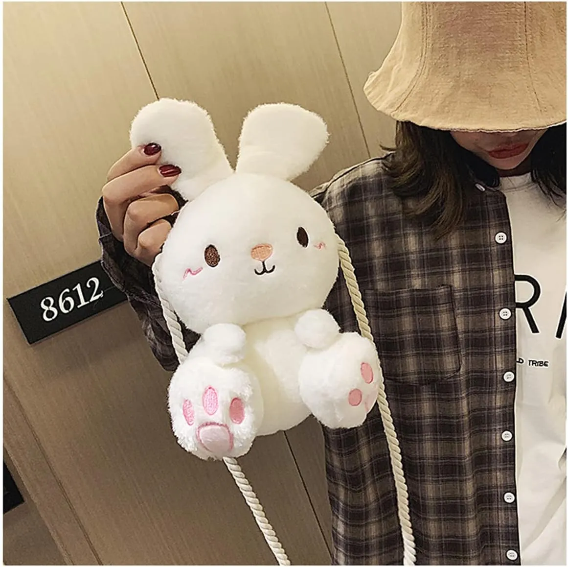 Women Plush Shoulder Bag Makeup Cosmetic Storage Bag with Strap Cute Rabbit Handbag Bag Organizer