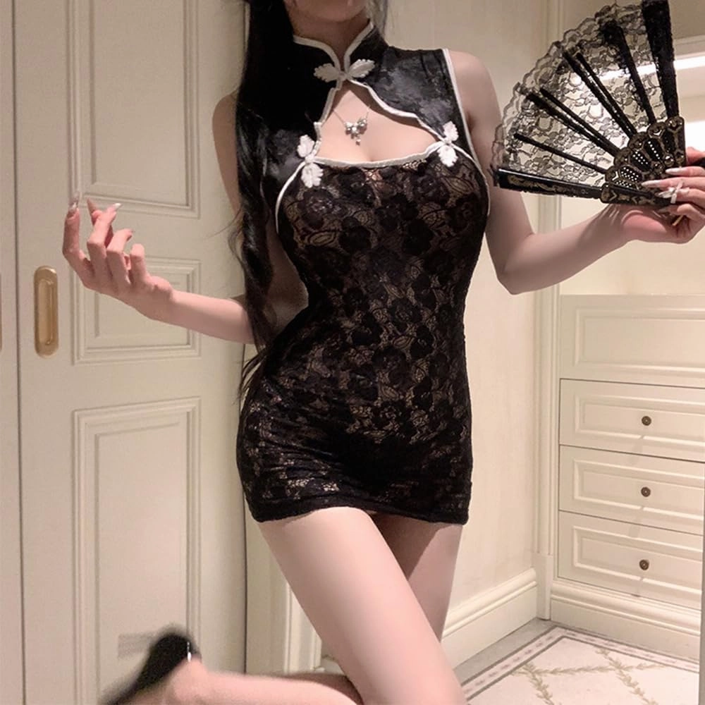 Women's Chinese style dress cosplay lace retro qipao slit velvet underwear