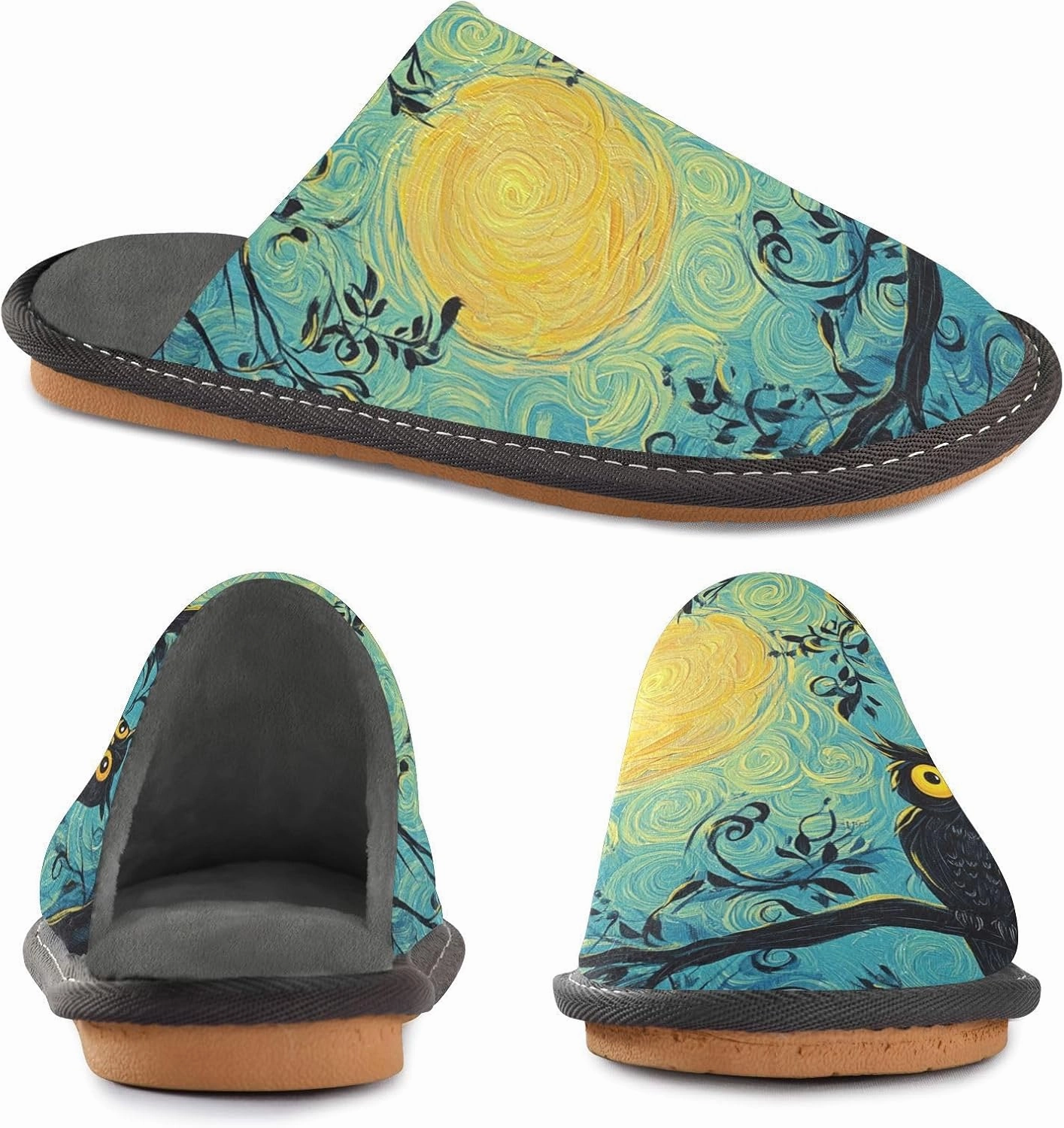 Women's Fuzzy House Slippers Memory Foam Slippers, Casual Unisex House Shoes Slip on Scuff Outdoor Indoor Warm Bedroom Shoes Moonlight Owl