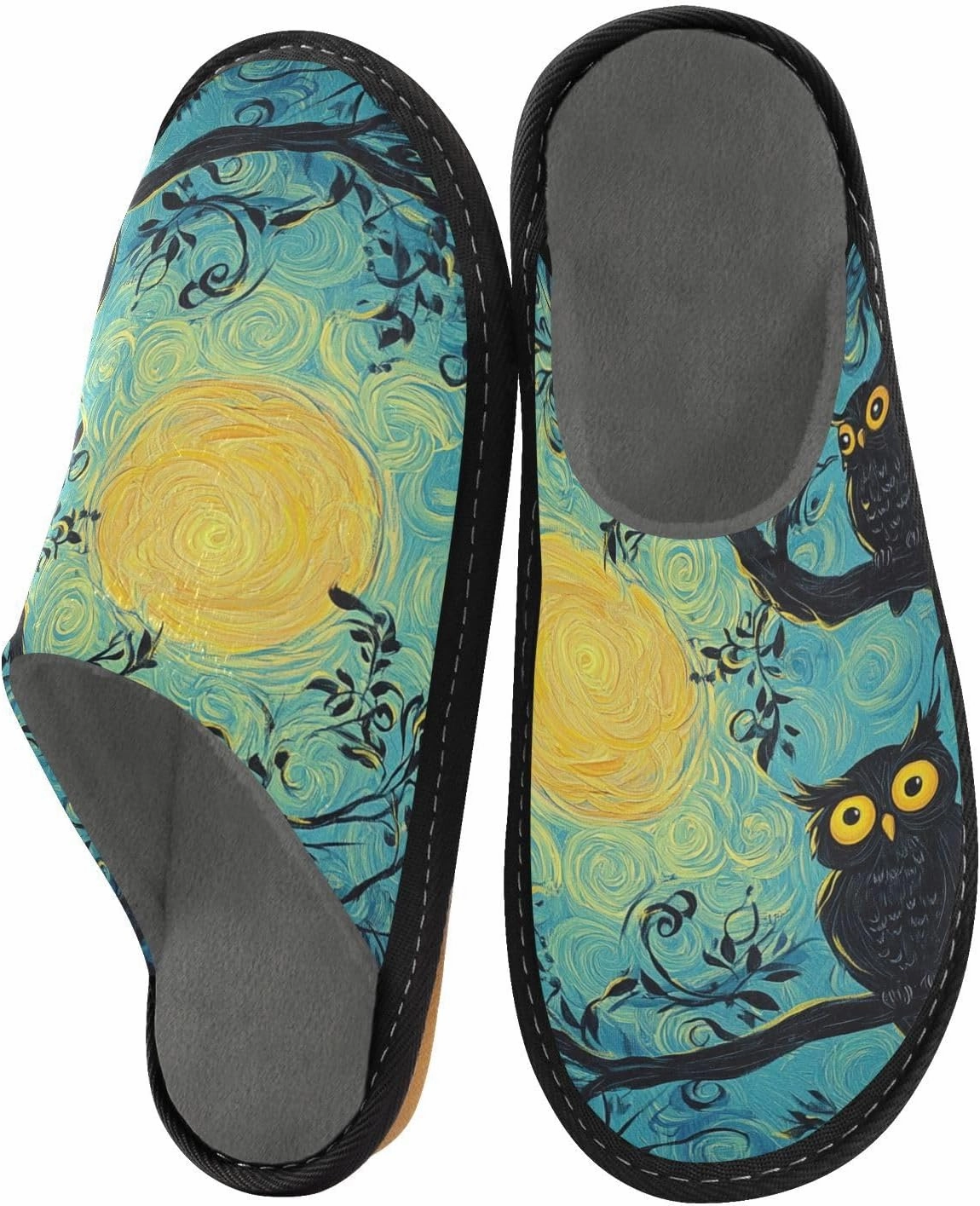 Women's Fuzzy House Slippers Memory Foam Slippers, Casual Unisex House Shoes Slip on Scuff Outdoor Indoor Warm Bedroom Shoes Moonlight Owl