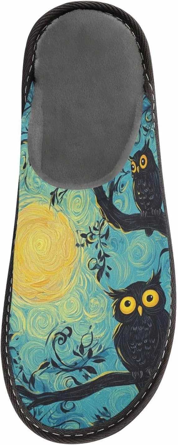 Women's Fuzzy House Slippers Memory Foam Slippers, Casual Unisex House Shoes Slip on Scuff Outdoor Indoor Warm Bedroom Shoes Moonlight Owl