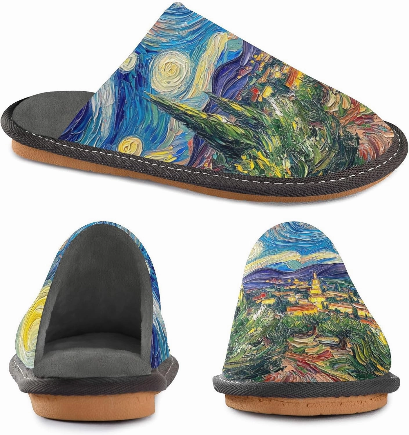 Women's Fuzzy House Slippers Memory Foam Slippers, Casual Unisex House Shoes Slip on Scuff Outdoor Indoor Warm Bedroom Shoes Rustic Oil Painting