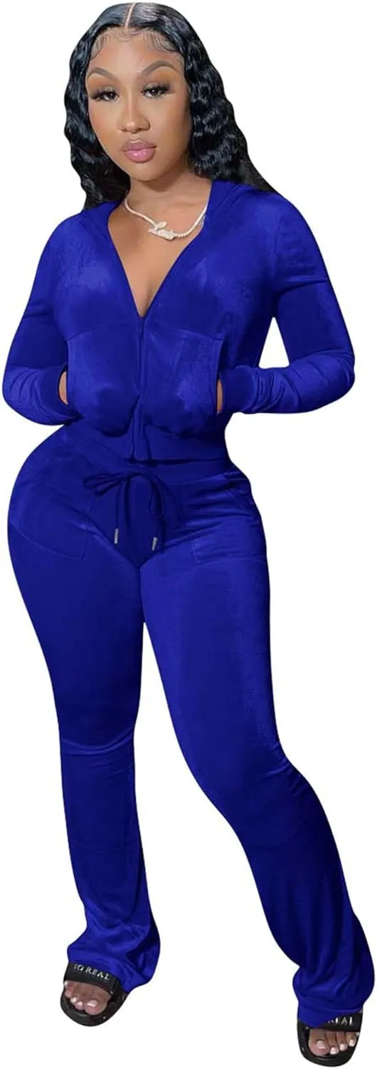 Womens 2 Piece Velour Hoodie Jogger Tracksuit Two Piece Outfits for Women, Long Sleeve Full-Zip Up Velvet Crop Tops Jacket Flared Pants Fall Lounge Matching Sets Sportswear Jogging Sweatsuit Pockets