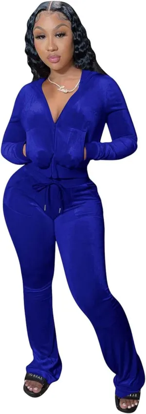 Womens 2 Piece Velour Hoodie Jogger Tracksuit Two Piece Outfits for Women, Long Sleeve Full-Zip Up Velvet Crop Tops Jacket Flared Pants Fall Lounge Matching Sets Sportswear Jogging Sweatsuit Pockets