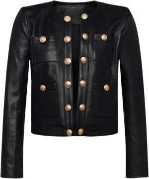 Women's Black real Lambskin Leather Jacket with Gold Button Accents