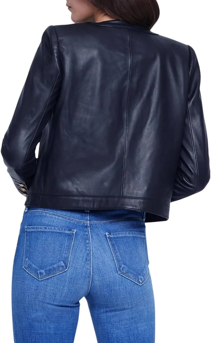 Women's Black real Lambskin Leather Jacket with Gold Button Accents