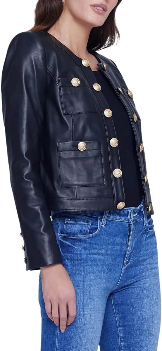 Women's Black real Lambskin Leather Jacket with Gold Button Accents