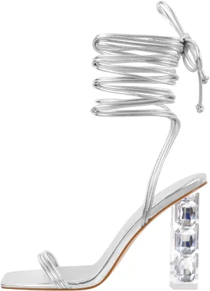 Women's Clear Rhinestone Bow Heels Lace Up