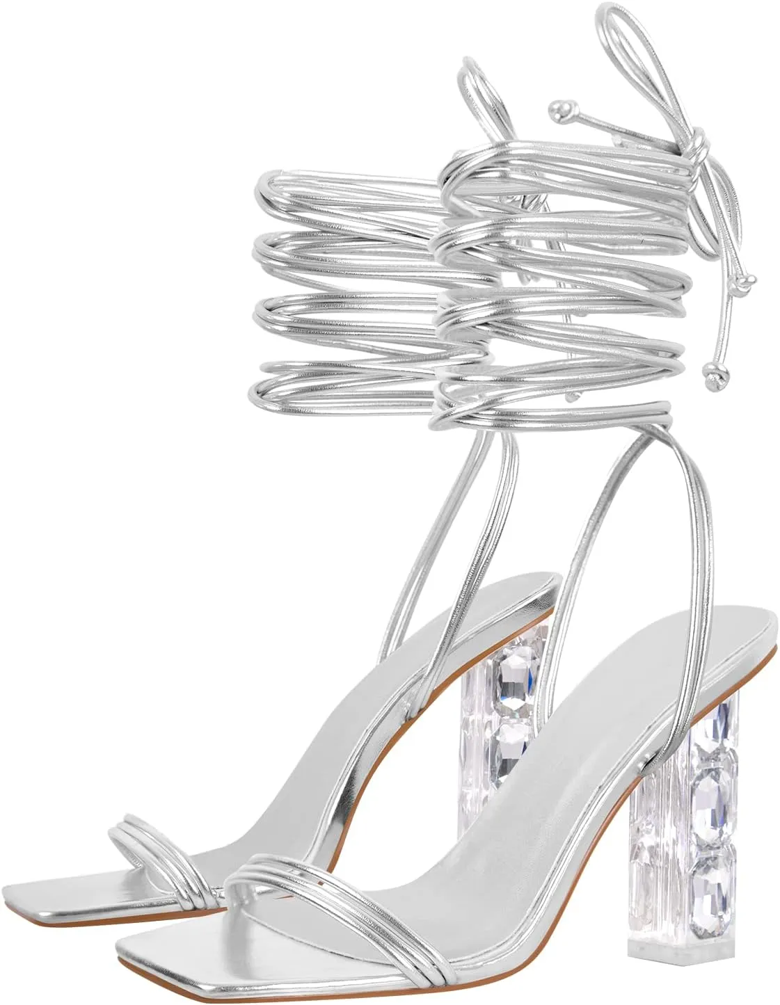 Women's Clear Rhinestone Bow Heels Lace Up
