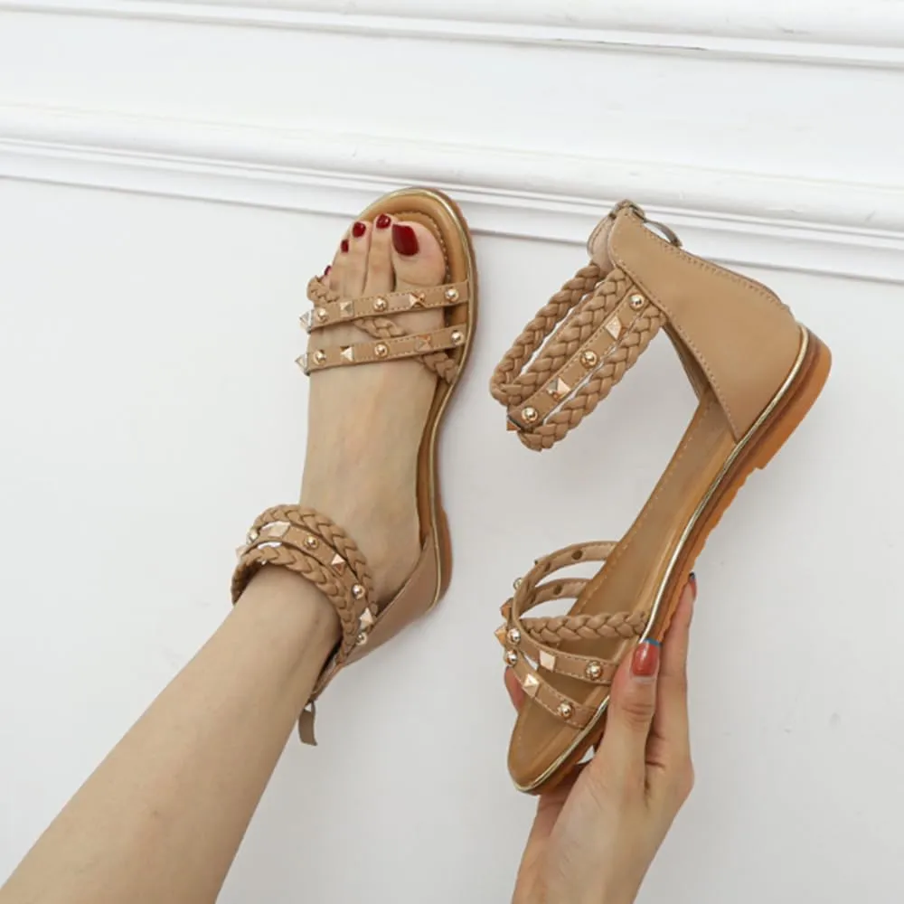 Women’s Fashionable Summer Gladiator Sandals Rivet Strappy Open Toe Flat Sandals Back Zipper Casual Roman Shoes