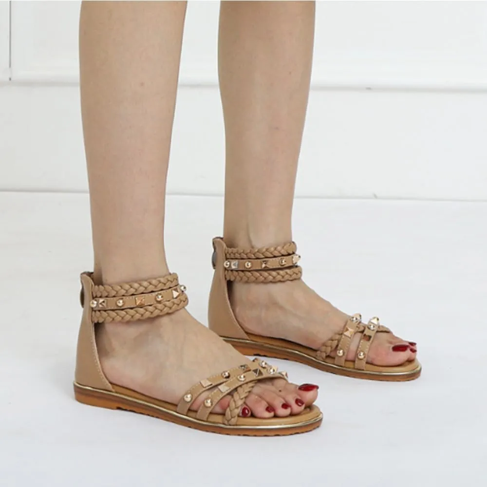 Women’s Fashionable Summer Gladiator Sandals Rivet Strappy Open Toe Flat Sandals Back Zipper Casual Roman Shoes