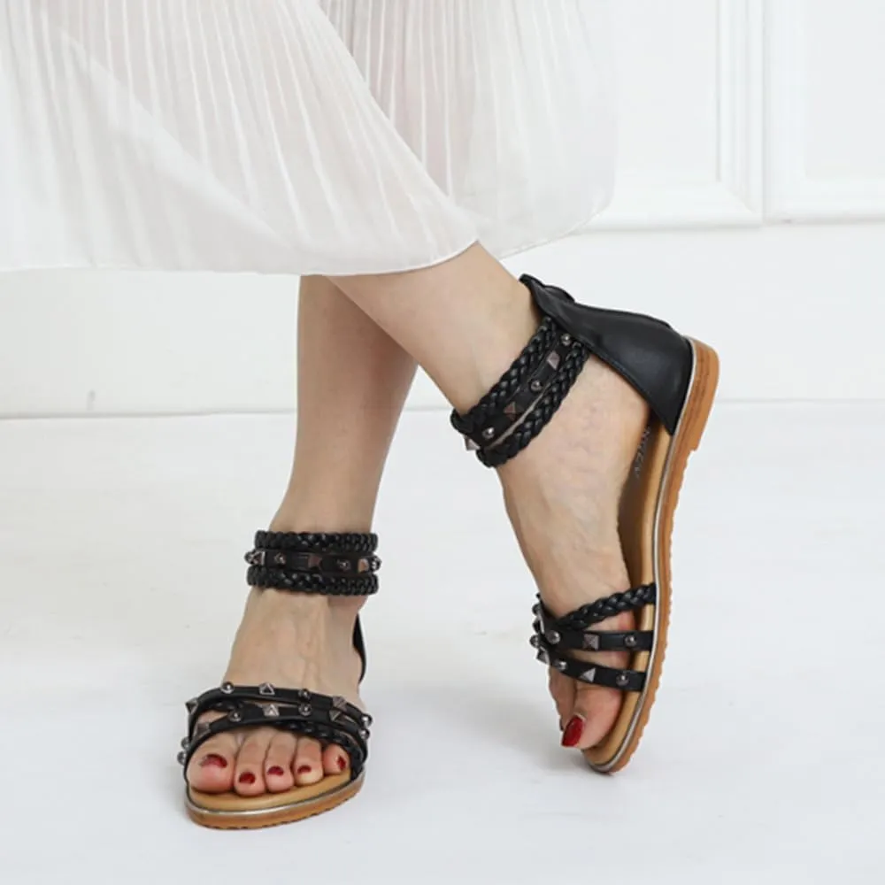 Women’s Fashionable Summer Gladiator Sandals Rivet Strappy Open Toe Flat Sandals Back Zipper Casual Roman Shoes