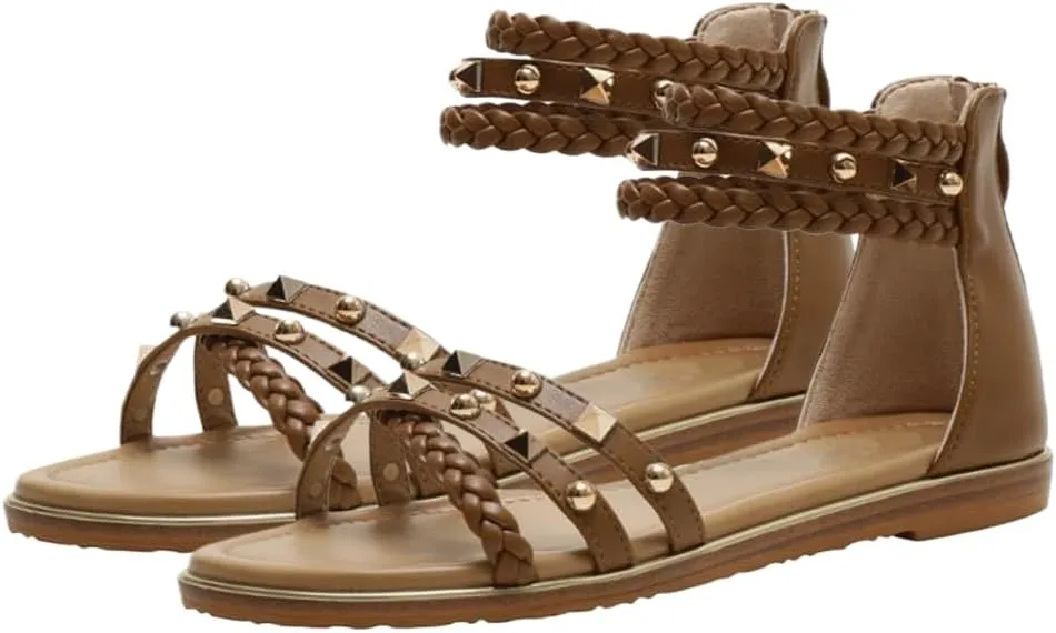 Women’s Fashionable Summer Gladiator Sandals Rivet Strappy Open Toe Flat Sandals Back Zipper Casual Roman Shoes