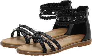 Women’s Fashionable Summer Gladiator Sandals Rivet Strappy Open Toe Flat Sandals Back Zipper Casual Roman Shoes