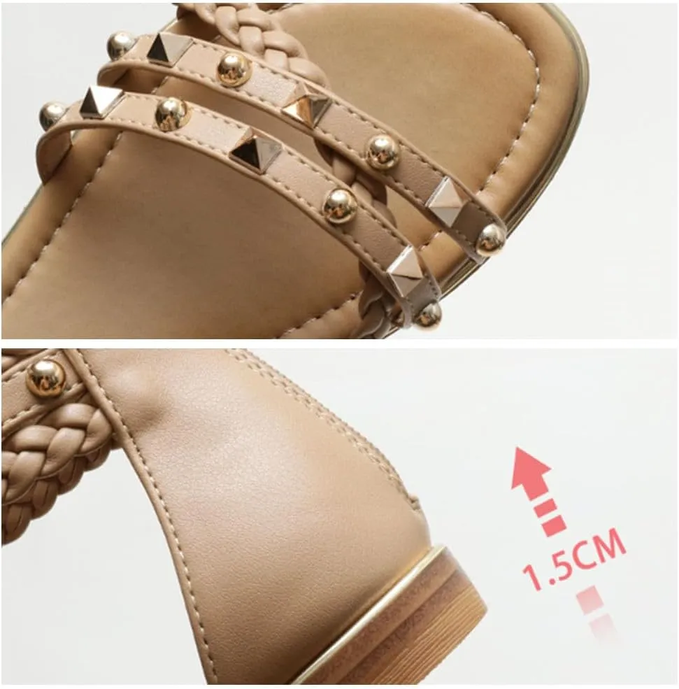 Women’s Fashionable Summer Gladiator Sandals Rivet Strappy Open Toe Flat Sandals Back Zipper Casual Roman Shoes