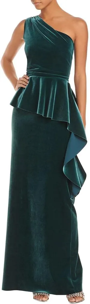 Womens Green Pleated Ruffled Velvet Sleeveless Asymmetrical Neckline Full-Length Formal Gown Dress 2