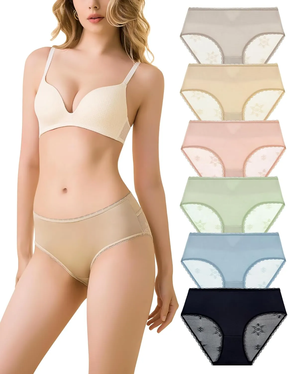 Women's Underwear Silky Satin Lace Underwear Hipster Panties 6-Pack Low Rise Lace Panties