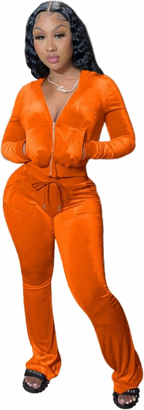 Womens 2 Piece Velour Hoodie Jogger Tracksuit Two Piece Outfits for Women, Long Sleeve Full-Zip Up Velvet Crop Tops Jacket Flared Pants Fall Lounge Matching Sets Sportswear Jogging Sweatsuit Pockets