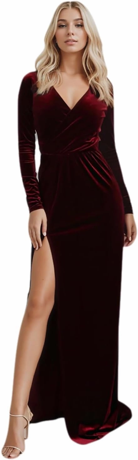 Womens Velvet Dress Winter Wedding Guest Dress Long Sleeve V Neck Bridesmaid Dresses Fall
