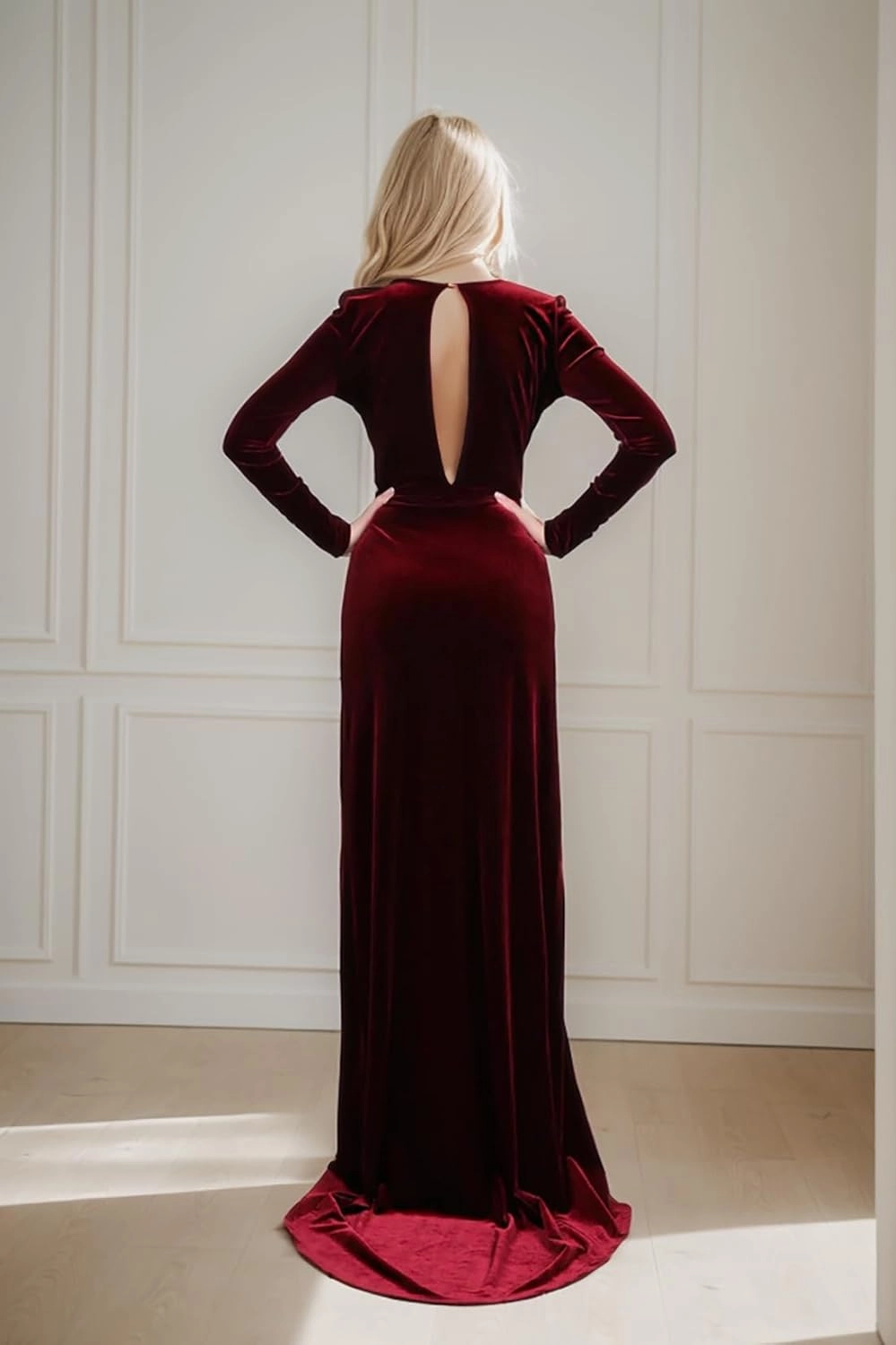Womens Velvet Dress Winter Wedding Guest Dress Long Sleeve V Neck Bridesmaid Dresses Fall