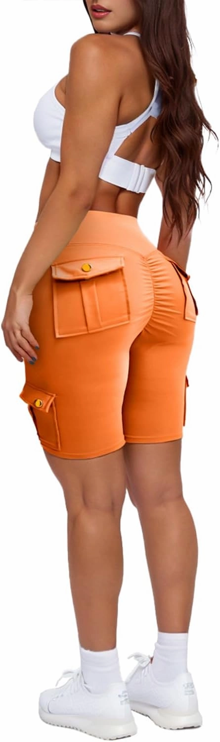 Womens Workout Shorts with Cargo Pockets High Waisted Scrunch Butt Gym Biker Booty Shorts