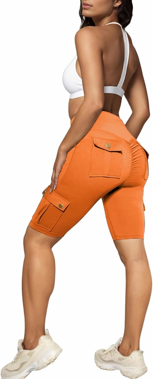 Womens Workout Shorts with Cargo Pockets High Waisted Scrunch Butt Gym Biker Booty Shorts