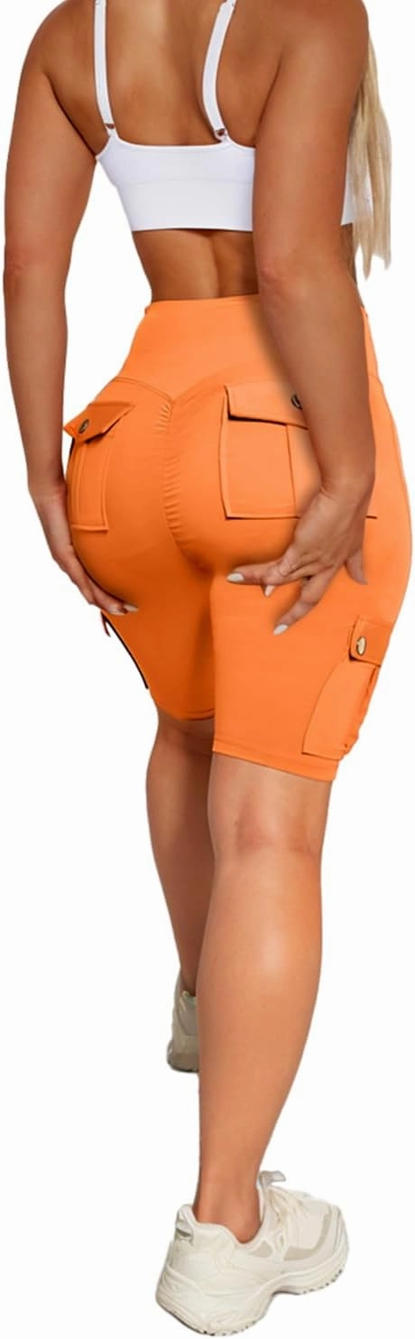 Womens Workout Shorts with Cargo Pockets High Waisted Scrunch Butt Gym Biker Booty Shorts