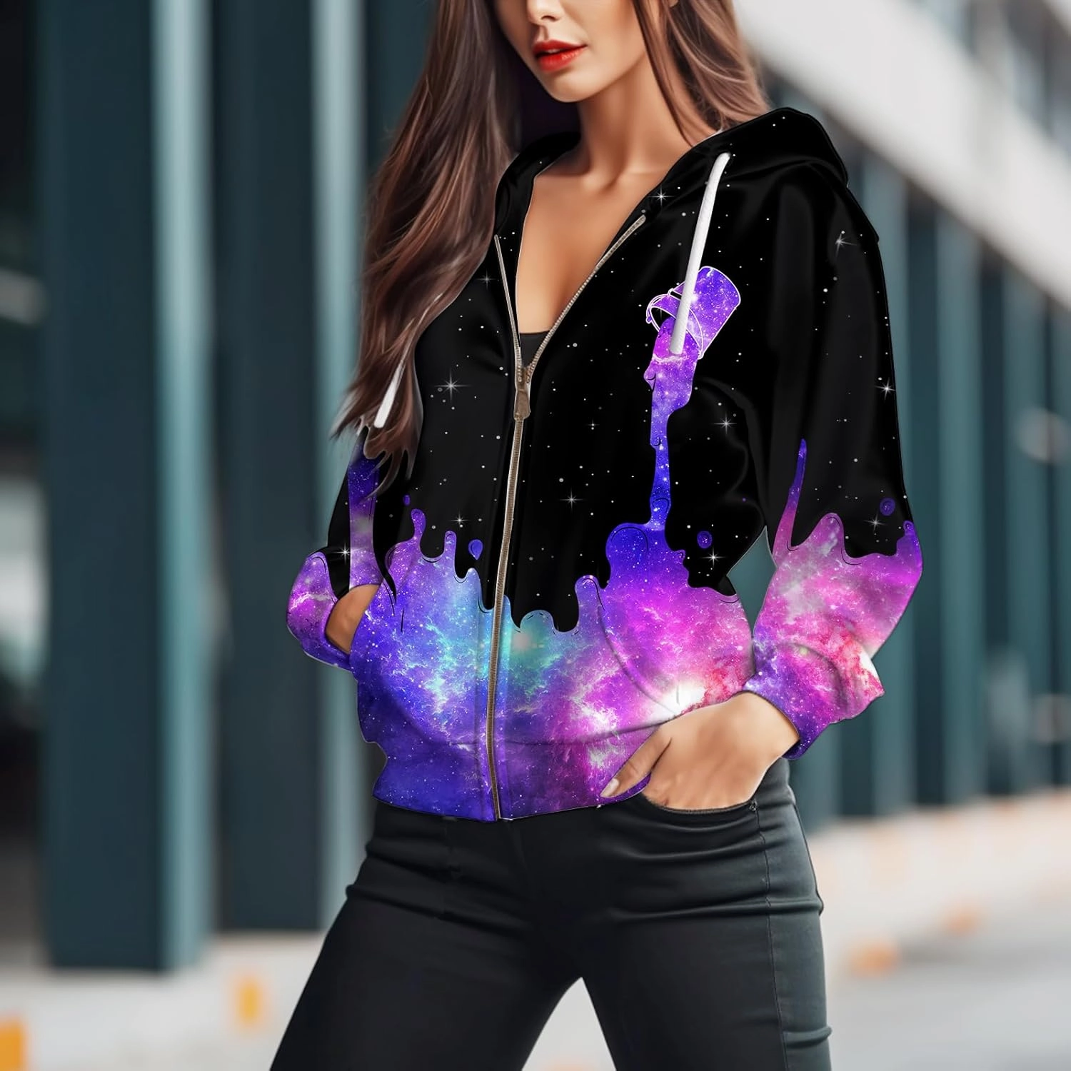 Womens Zip Front Plaid Sweatshirts Print Hoodie Fall Jackets Long Sleeve Casual Drawstring Clothes