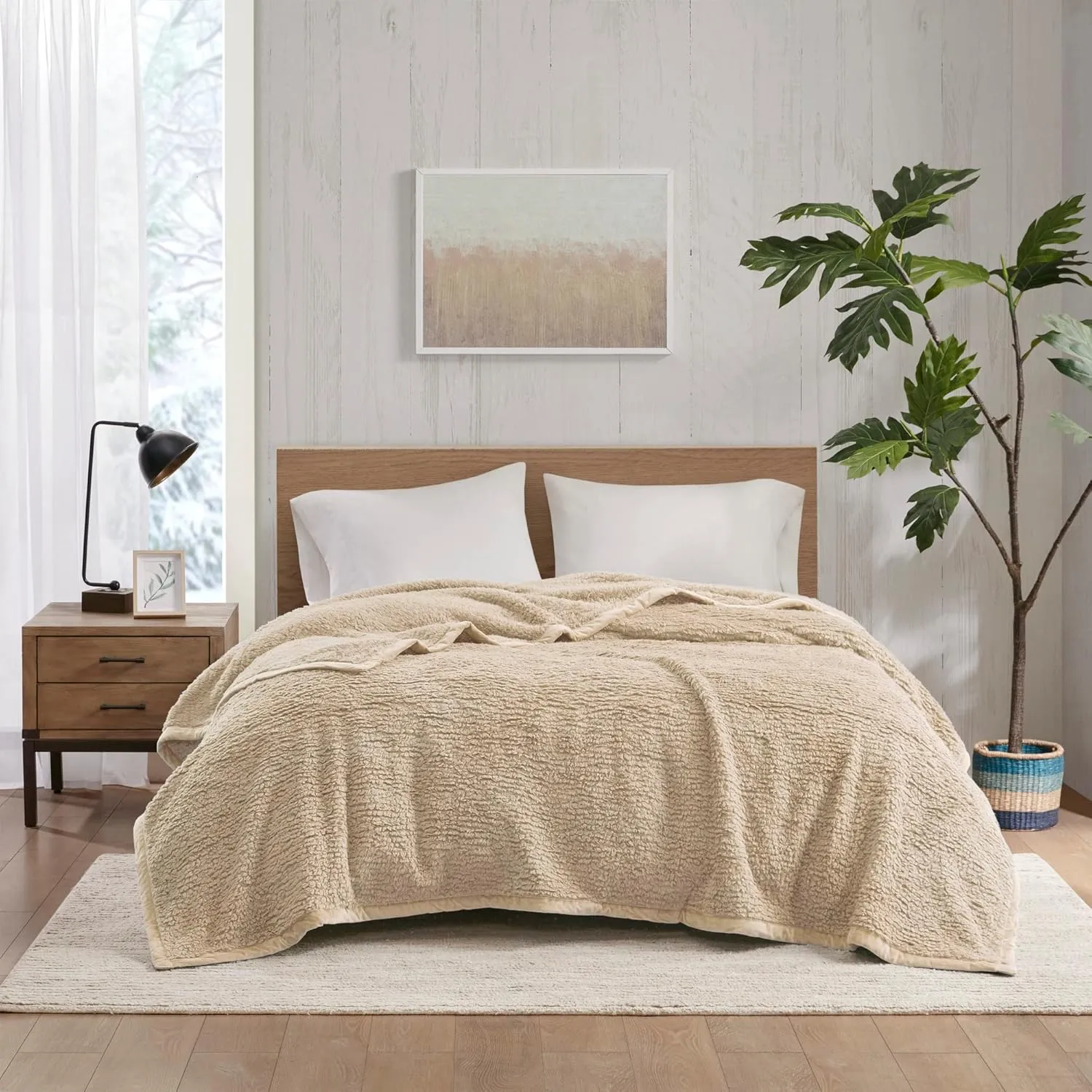 Woolrich Burlington Berber Blanket Super Soft, Cozy Lightweight Cover with Luxrurious Velvet Binding, Modern Trendy All Season Bedspread Bedding-Set, Full/Queen: 90x90, Tan