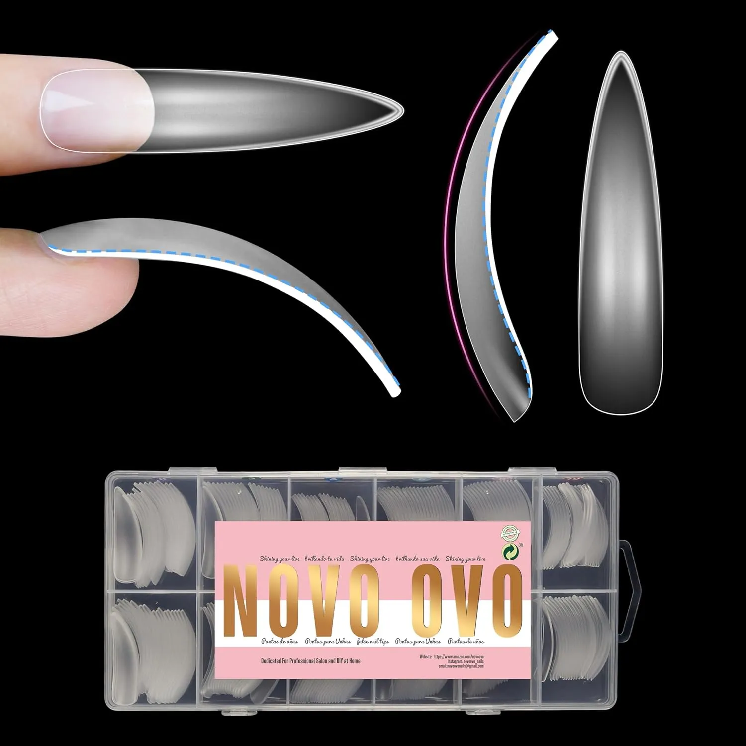 XXL Curved Almond Stiletto Nail Tips Press on Full Cover, Soft Gel X Extra Thick Long XL Acrylic Hawk Curve Fake Nails Extension Kit, Clear Pre-etched Soft French False Nail 12 Sizes 240 Pcs