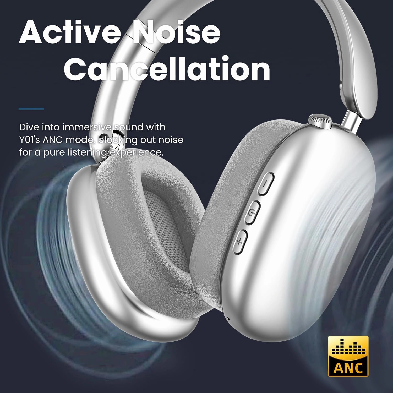 Y01 Wireless Over Ear Headphones, Noise Canceling Bluetooth 5.3 Headphones with Microphones,Hi-Res Audio,48H Playtime,Foldable,Breathable Soft Earpads for iOS/Android/Samsung/PC-Silver
