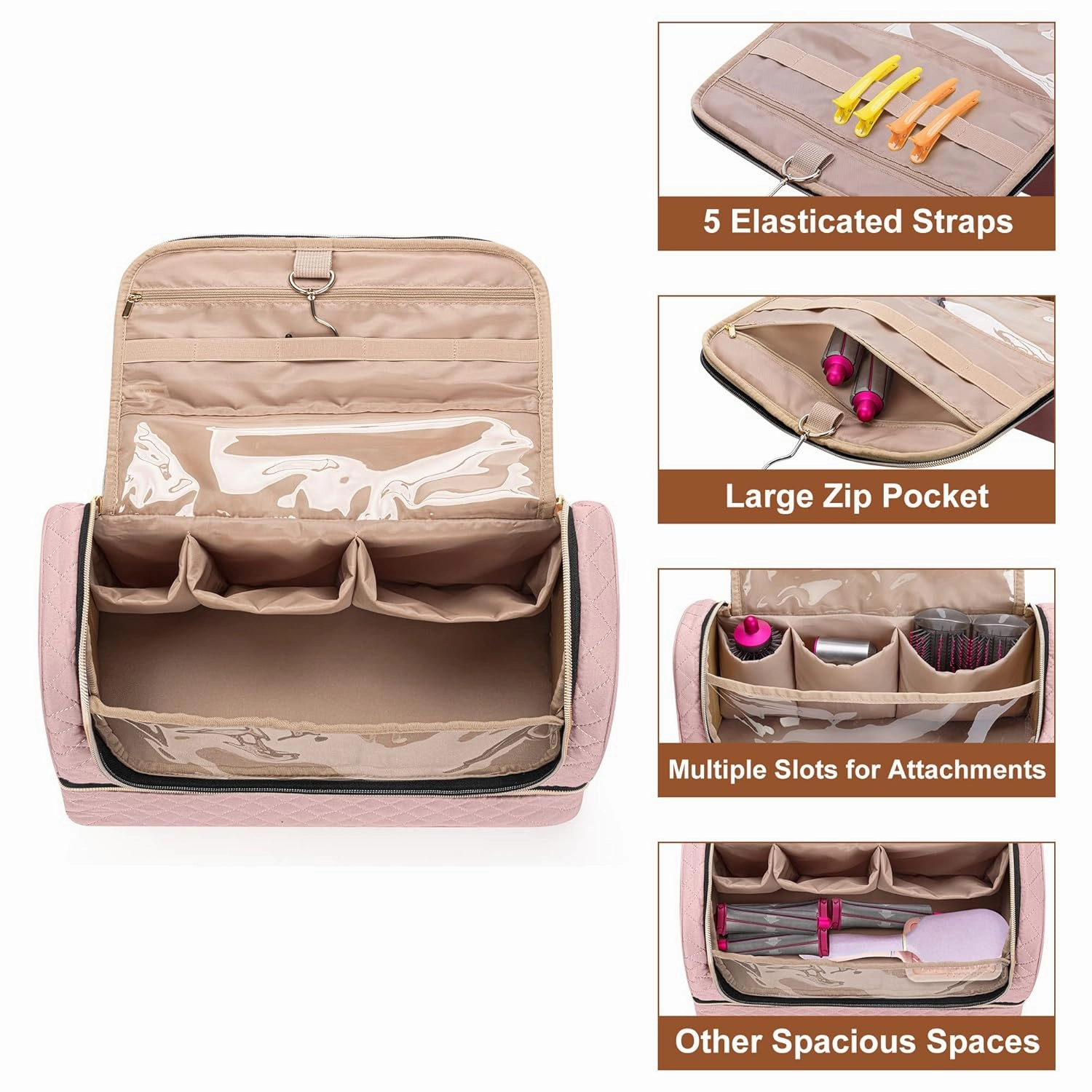 Yarwo Double-layer Storage Bag Compatible with Dyson Airwrap Multi-styler Complete Long and Attachments, Portable Travel Case with Hanging Hook for Hair Curler Accessories, Dusty Rose (Bag Only)