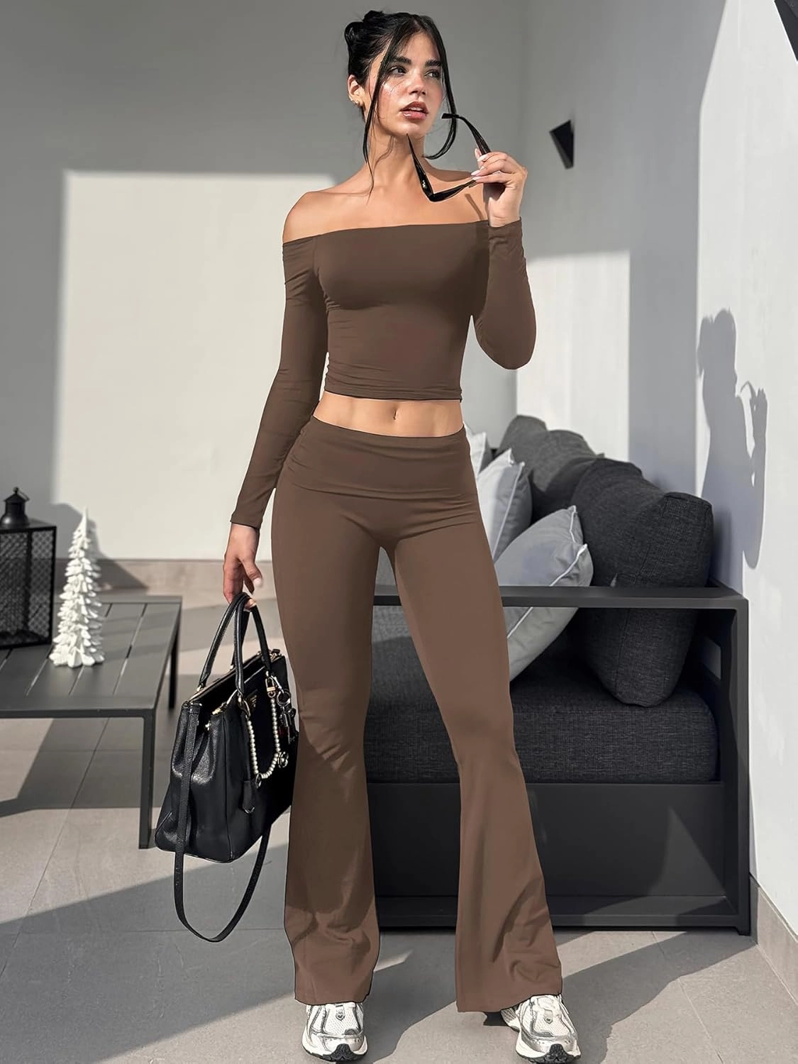 YEOREO Romola Women Yoga Pants Flare Leggings with Tummy Control High Waist Fold Over Bootcut Wide Legs Workout Legging