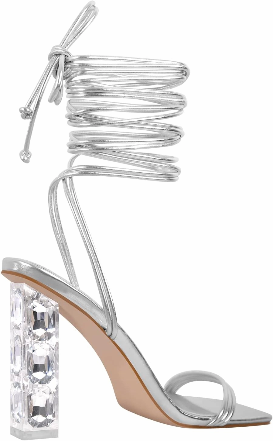 Yolkomo Women's Clear Rhinestone Bow Heels Lace Up